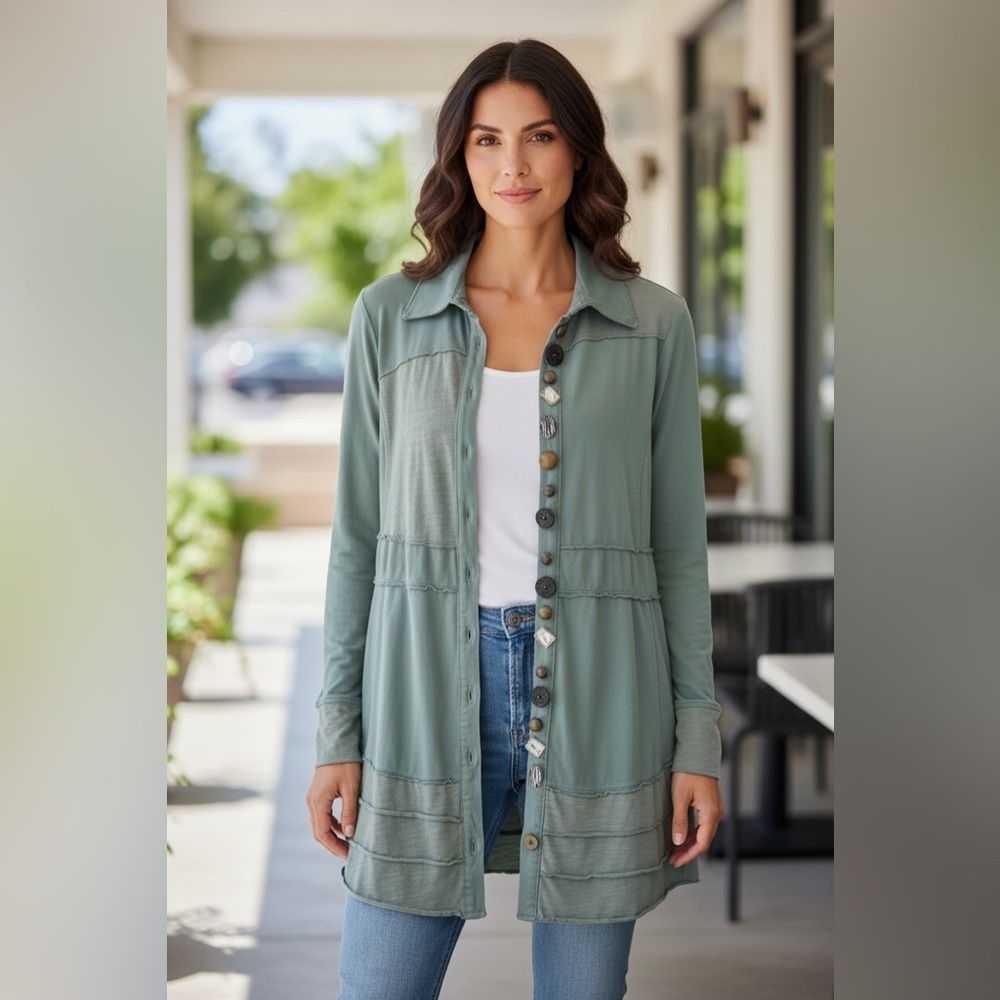 Neon Buddha Relaxed Fit Tunic Green with decorative buttons